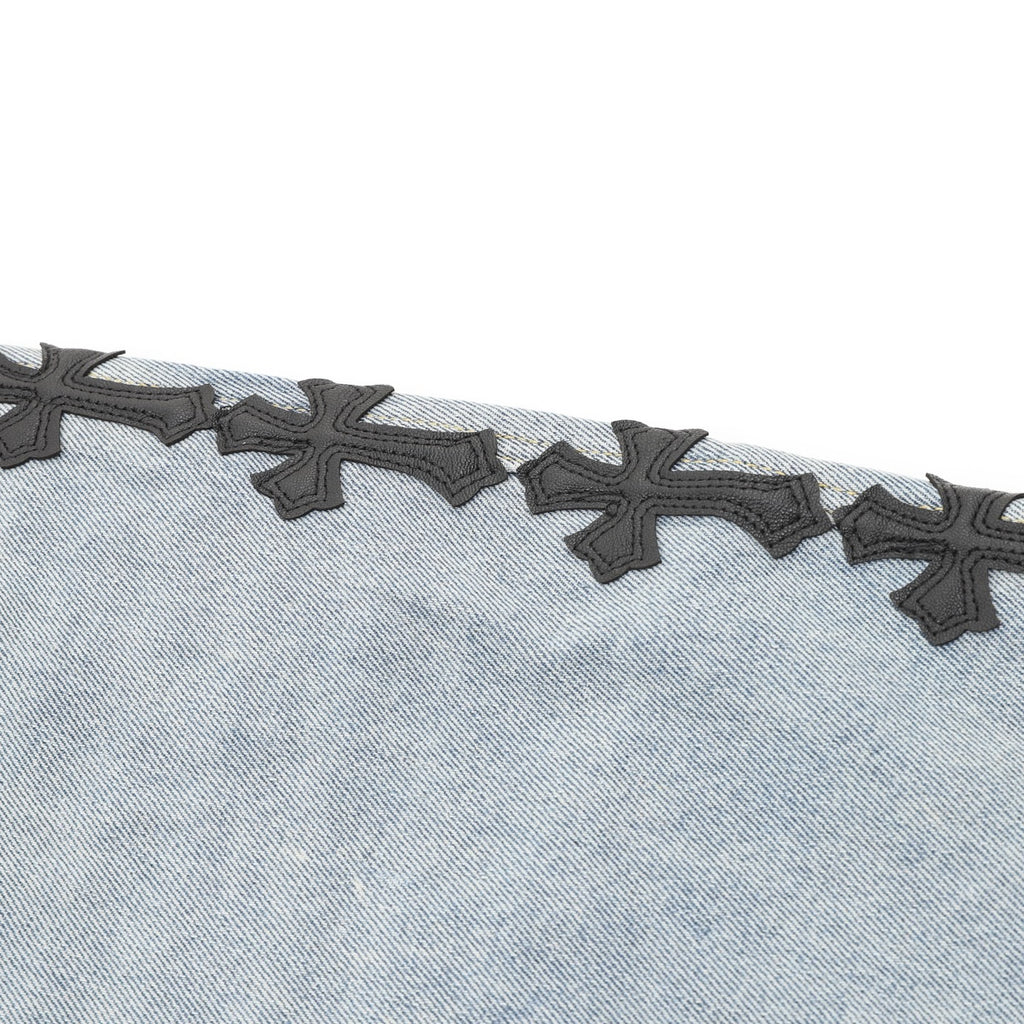 Chrome Hearts Leather-Trimmed Cross-Stitch Denim Shorts