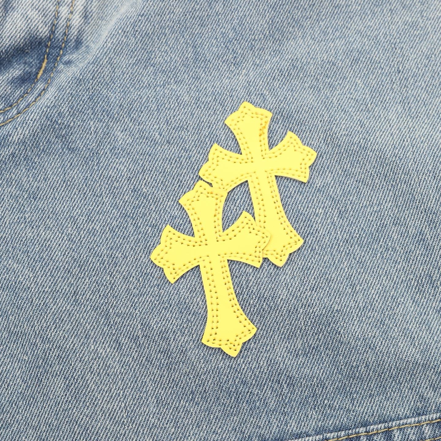 Chrome Hearts Leather-Trimmed Cross-Stitch Denim Shorts