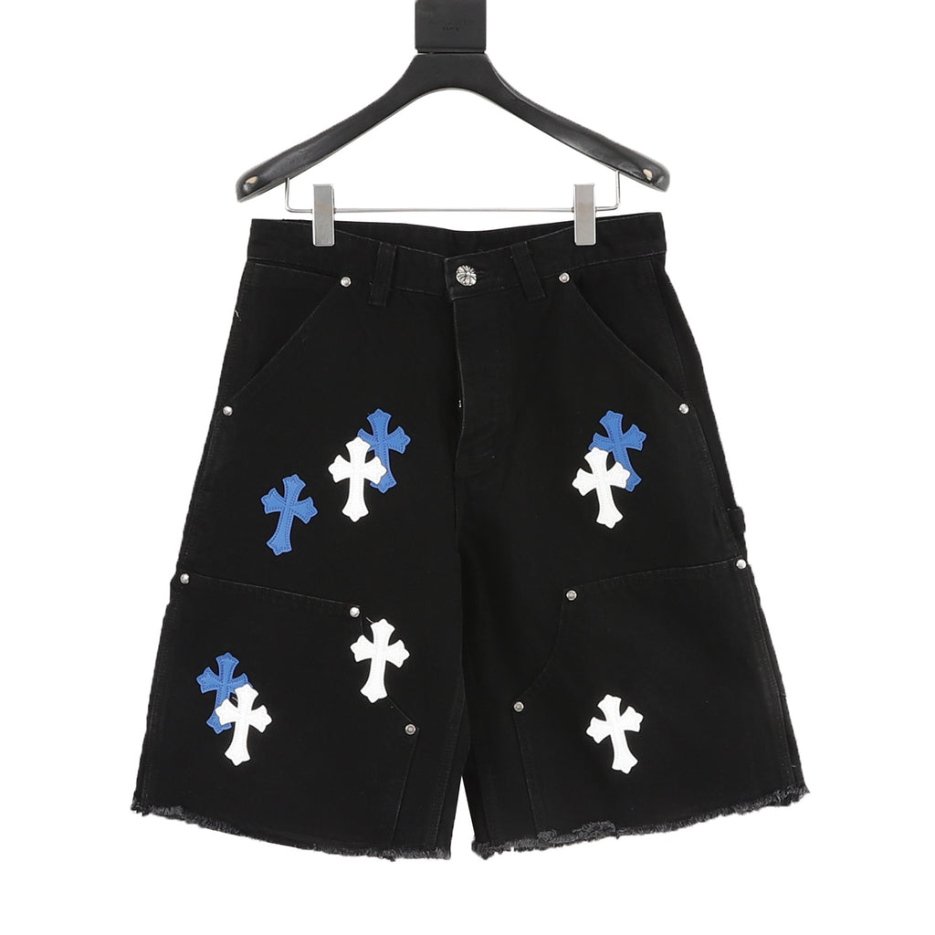 Chrome Hearts Leather-Trimmed Cross-Stitch Denim Shorts