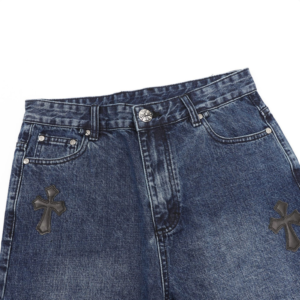 Chrome Hearts Leather-Trimmed Cross-Stitch Denim Shorts