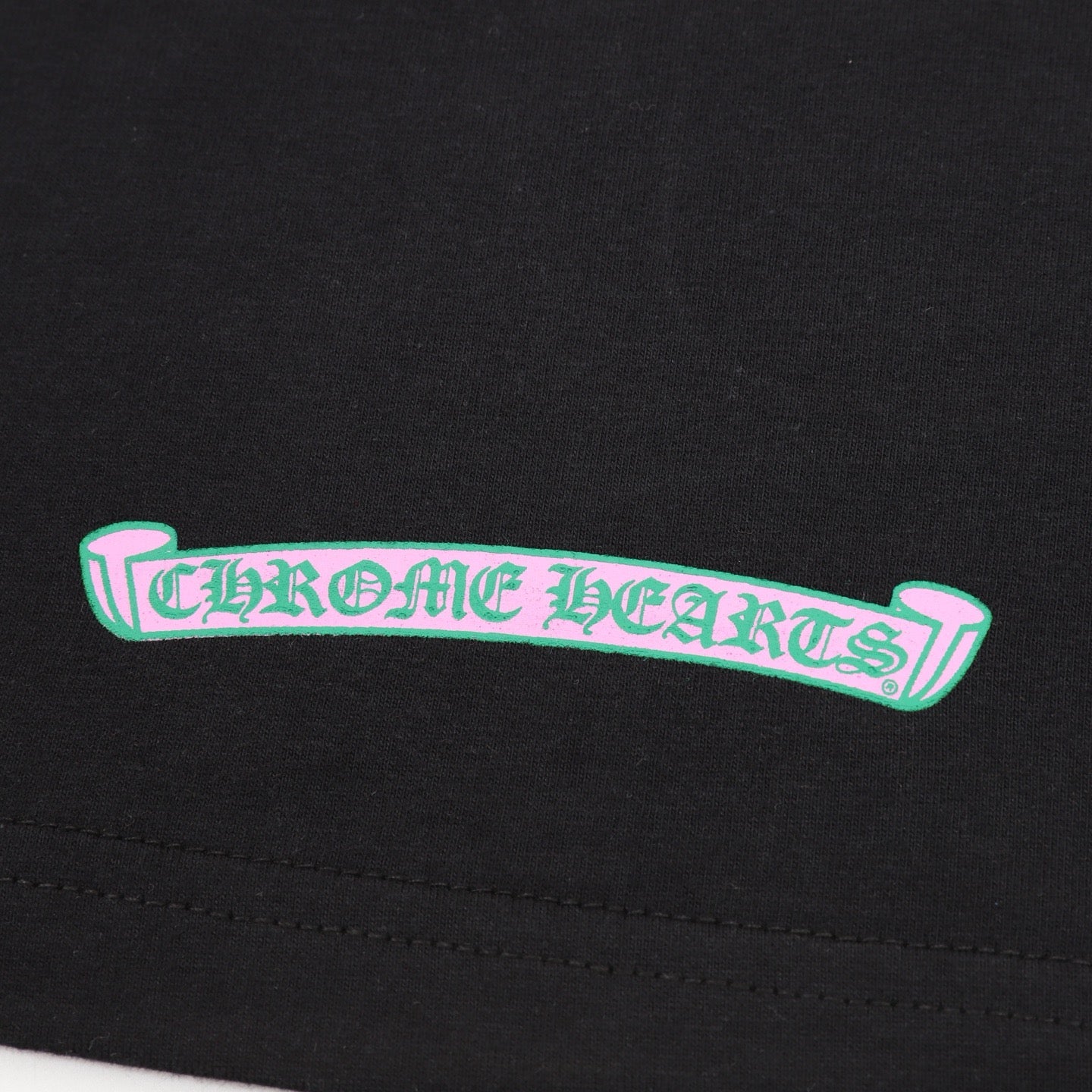 Chrome Hearts Pink and Green Sanskrit Scroll Print T-Shirt