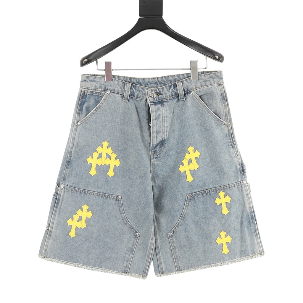 Chrome Hearts Leather-Trimmed Cross-Stitch Denim Shorts