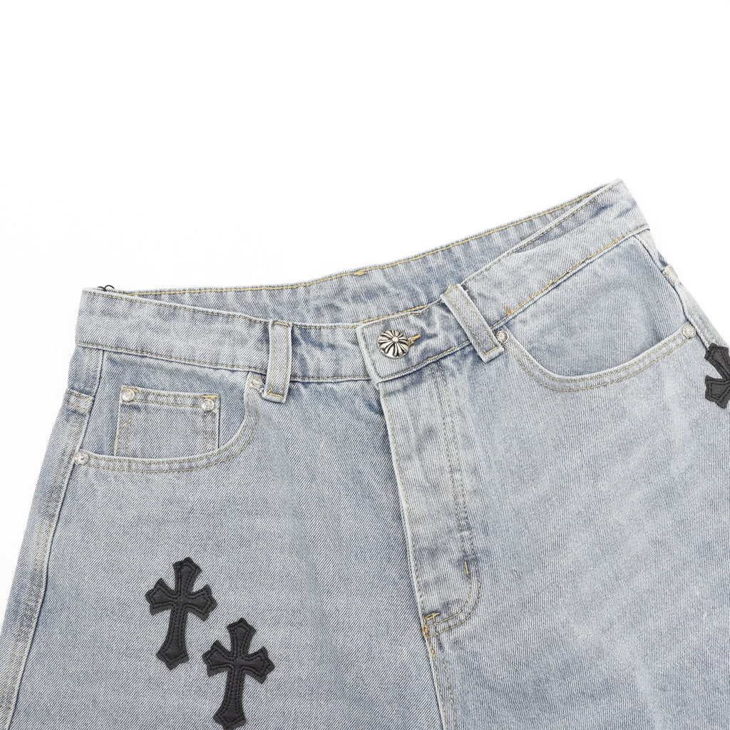 Chrome Hearts Leather-Trimmed Cross-Stitch Denim Shorts