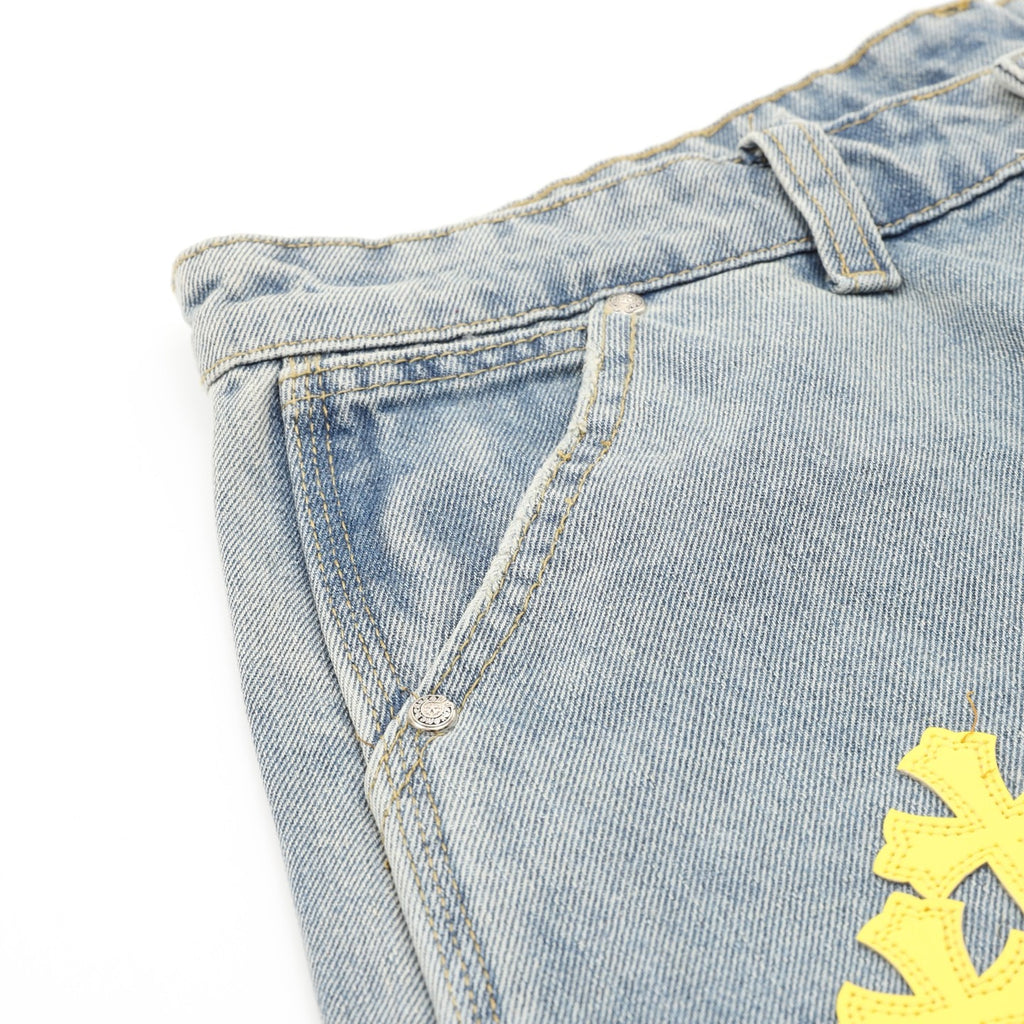Chrome Hearts Leather-Trimmed Cross-Stitch Denim Shorts