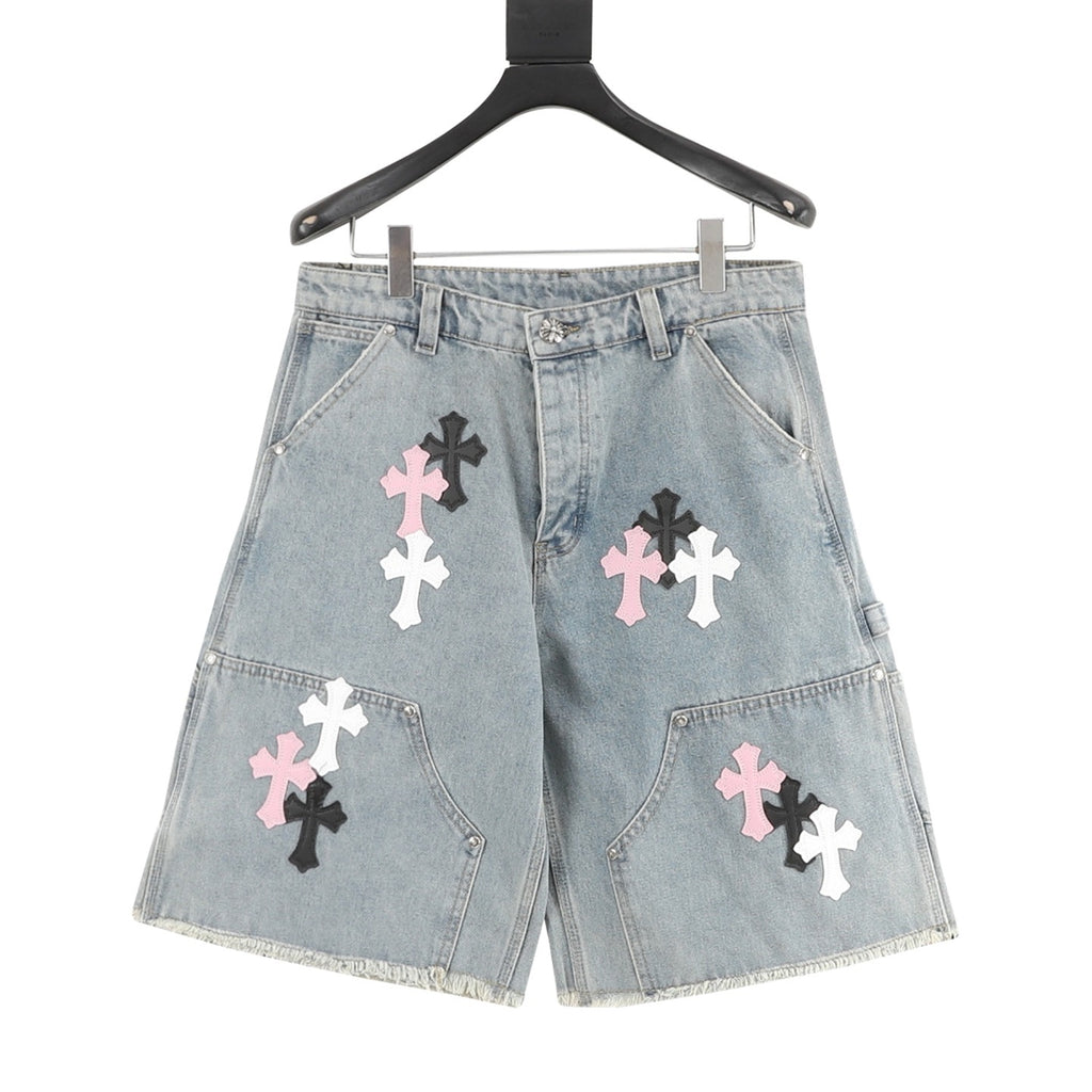 Chrome Hearts Leather-Trimmed Cross-Stitch Denim Shorts