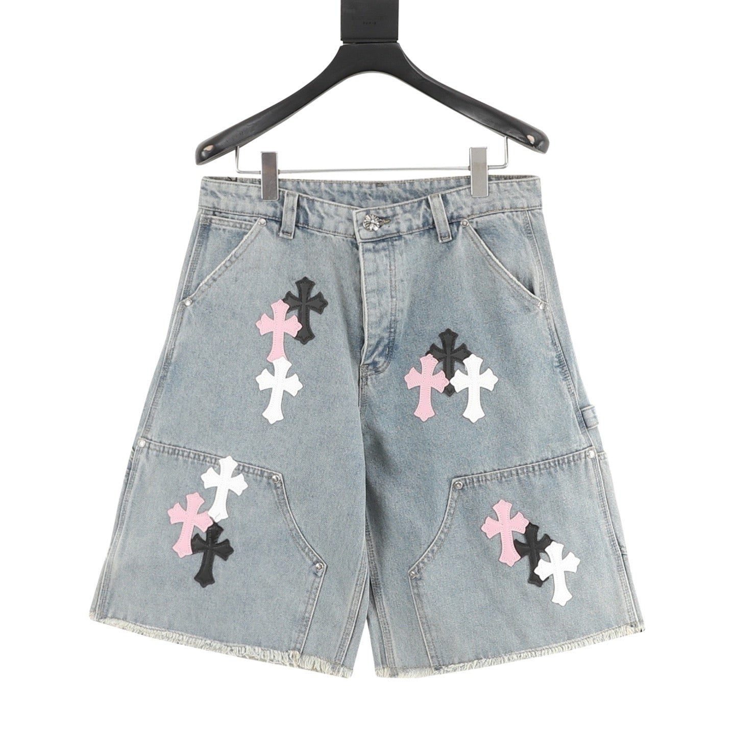 Pantalones cortos vaqueros Chrome Hearts con ribetes de cuero y punto de cruz