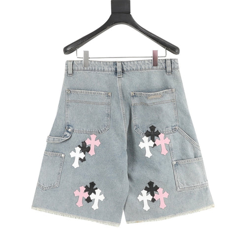 Chrome Hearts Leather-Trimmed Cross-Stitch Denim Shorts