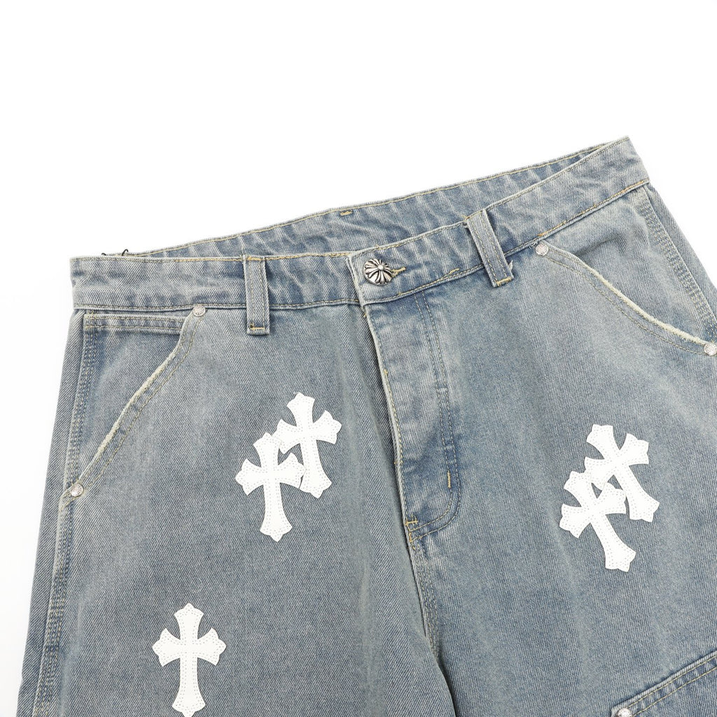 Chrome Hearts Pantalones cortos vaqueros con bordado de punto de cruz y adornos de cuero