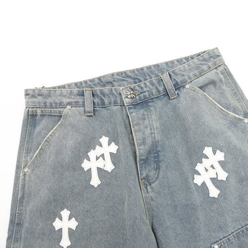Chrome Hearts Leather-Trimmed Cross-Stitch Denim Shorts