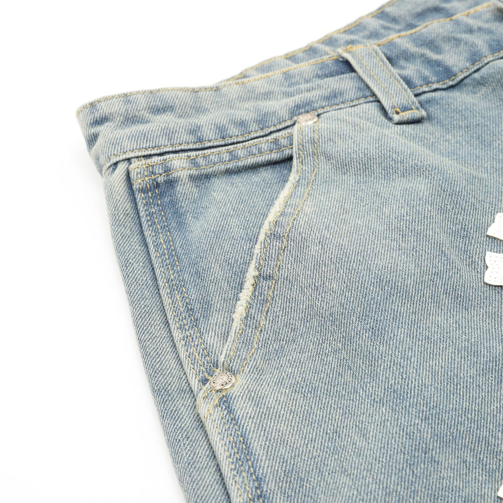 Chrome Hearts Pantalones cortos vaqueros con bordado de punto de cruz y adornos de cuero