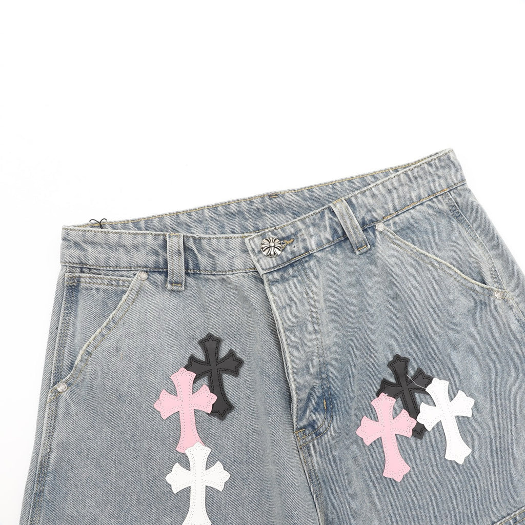 Chrome Hearts Leather-Trimmed Cross-Stitch Denim Shorts