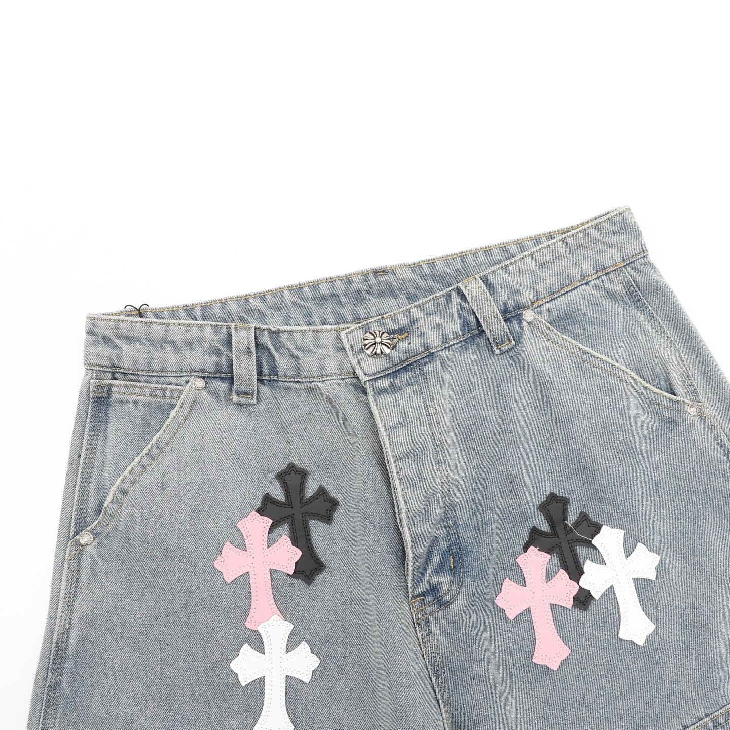 Pantalones cortos vaqueros Chrome Hearts con ribetes de cuero y punto de cruz