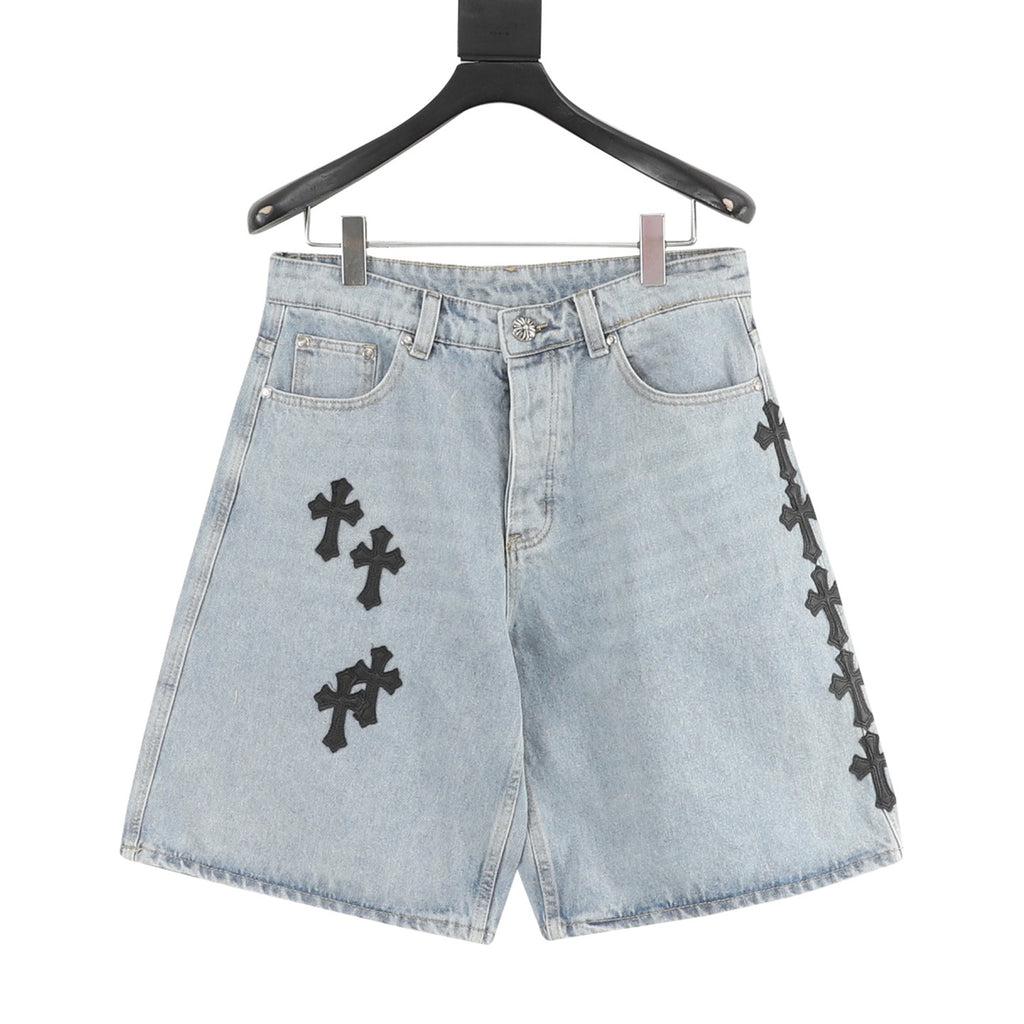 Chrome Hearts Leather-Trimmed Cross-Stitch Denim Shorts