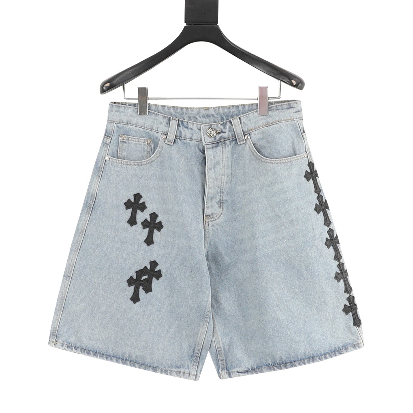 Pantalones cortos vaqueros Chrome Hearts con ribete de piel y punto de cruz