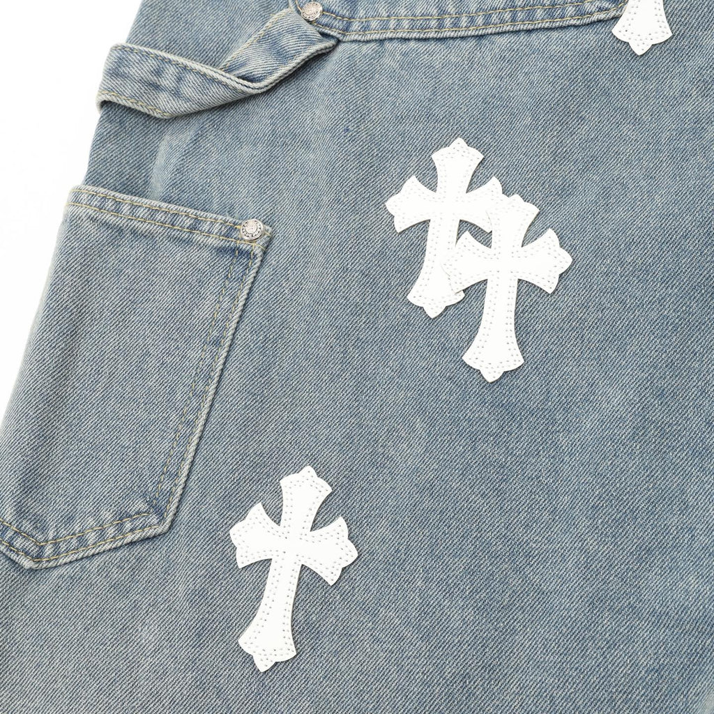 Chrome Hearts Pantalones cortos vaqueros con bordado de punto de cruz y adornos de cuero