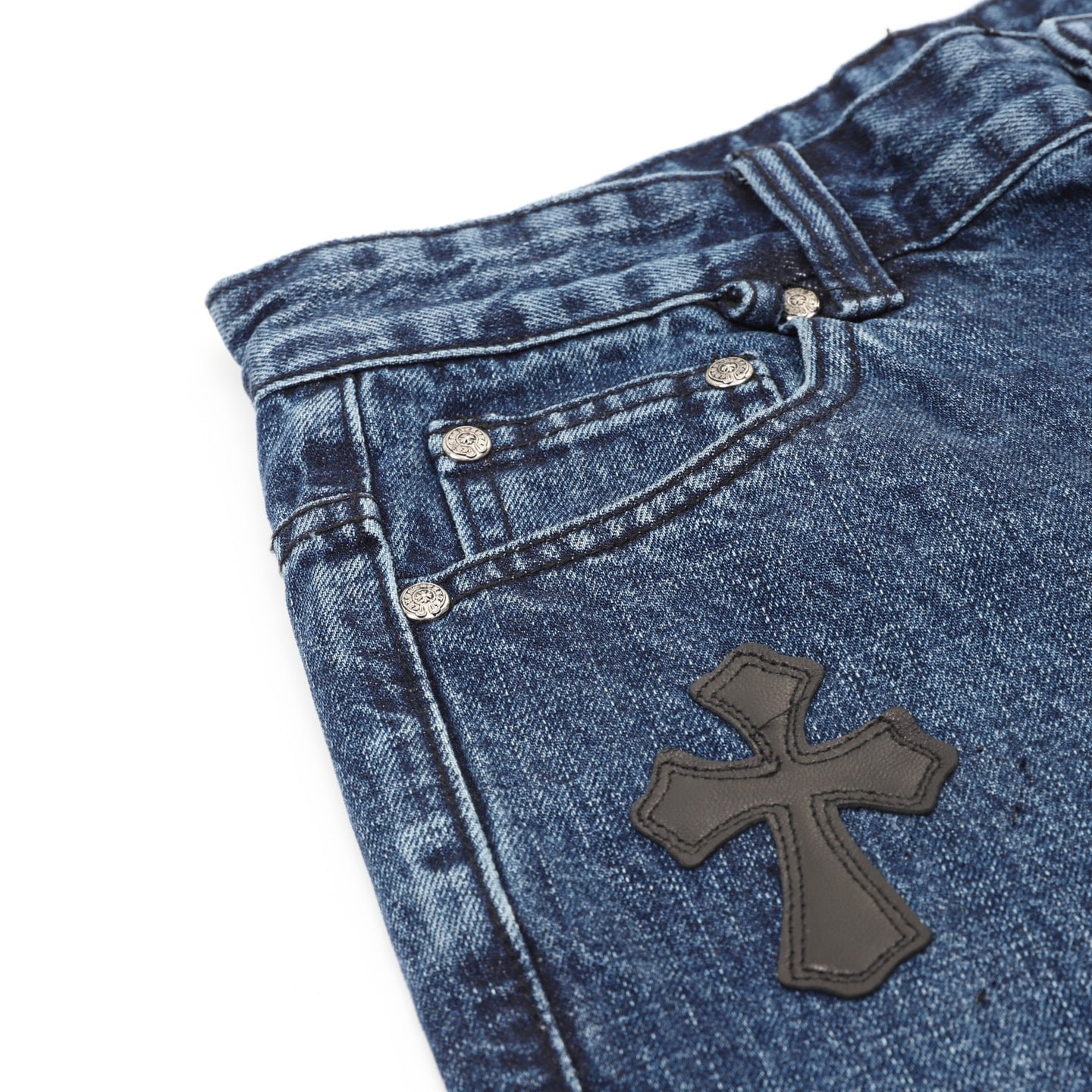 Pantalones cortos vaqueros Chrome Hearts con ribetes de cuero y punto de cruz