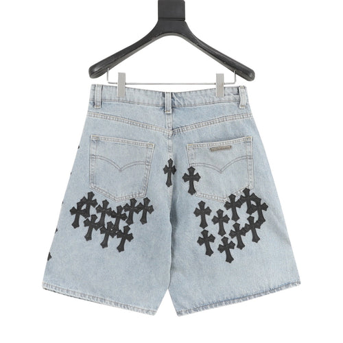 Chrome Hearts Leather-Trimmed Cross-Stitch Denim Shorts