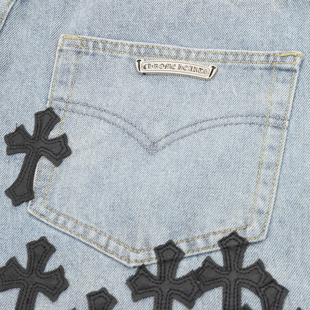 Chrome Hearts Leather-Trimmed Cross-Stitch Denim Shorts