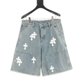 Chrome Hearts Pantalones cortos vaqueros con bordado de punto de cruz y adornos de cuero