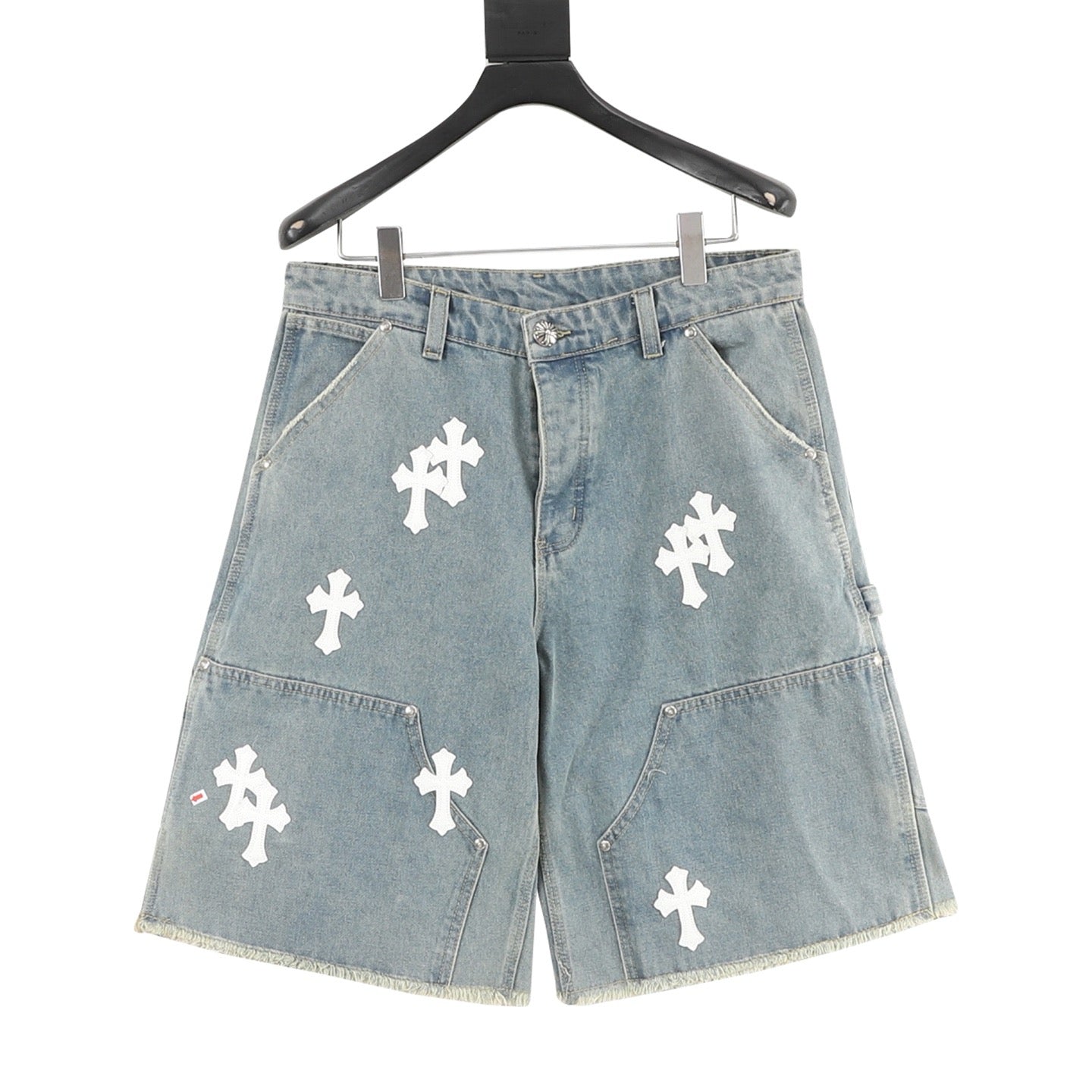 Chrome Hearts Pantalones cortos vaqueros con bordado de punto de cruz y adornos de cuero
