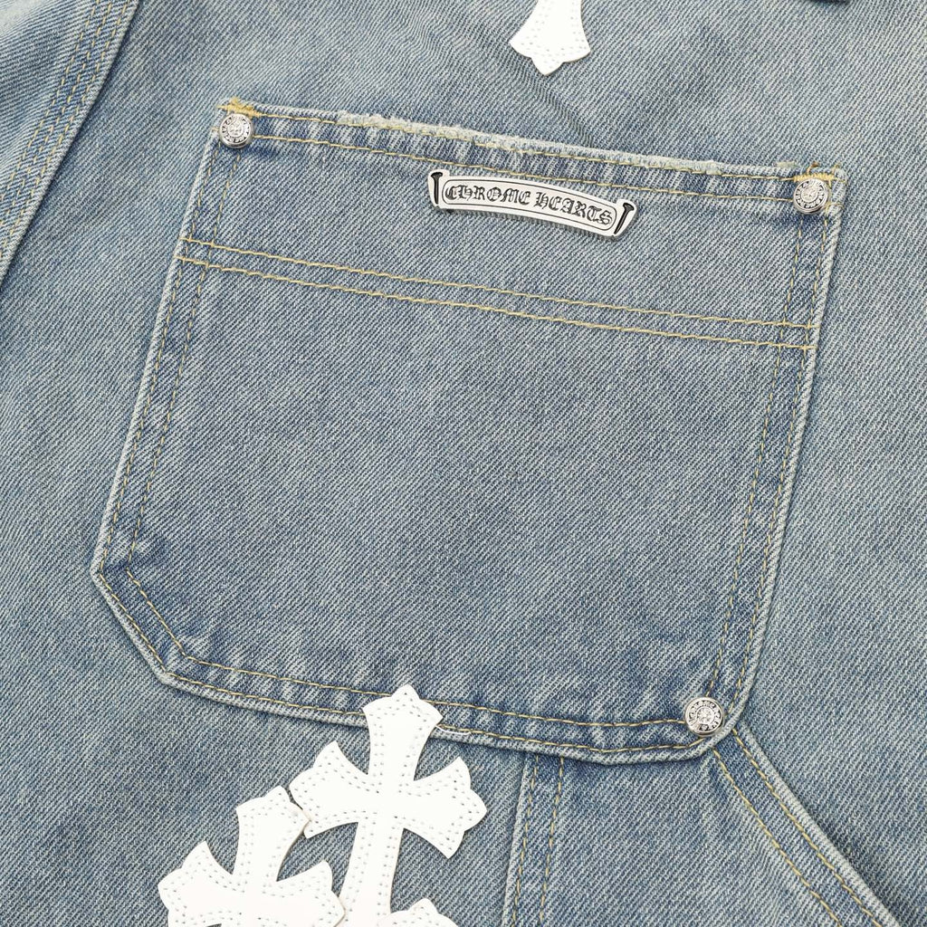 Chrome Hearts Pantalones cortos vaqueros con bordado de punto de cruz y adornos de cuero