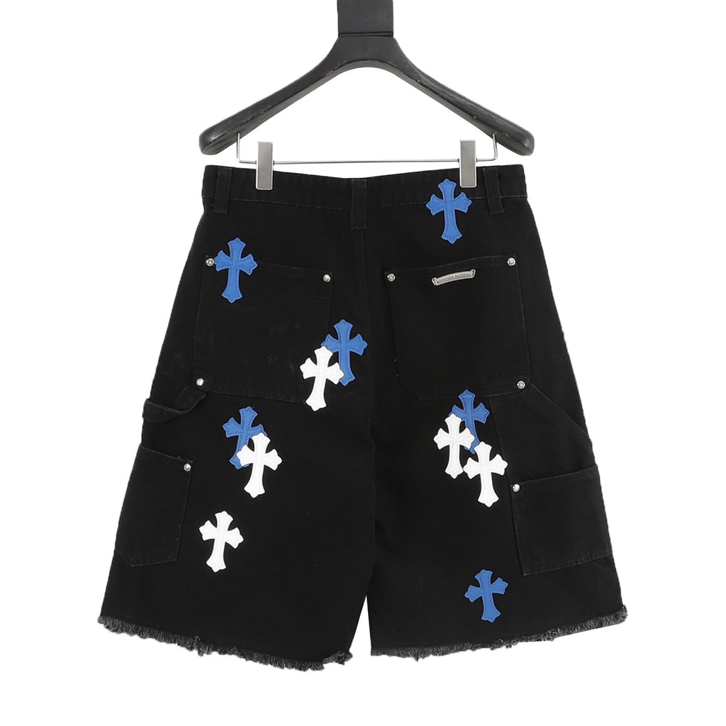 Chrome Hearts Leather-Trimmed Cross-Stitch Denim Shorts