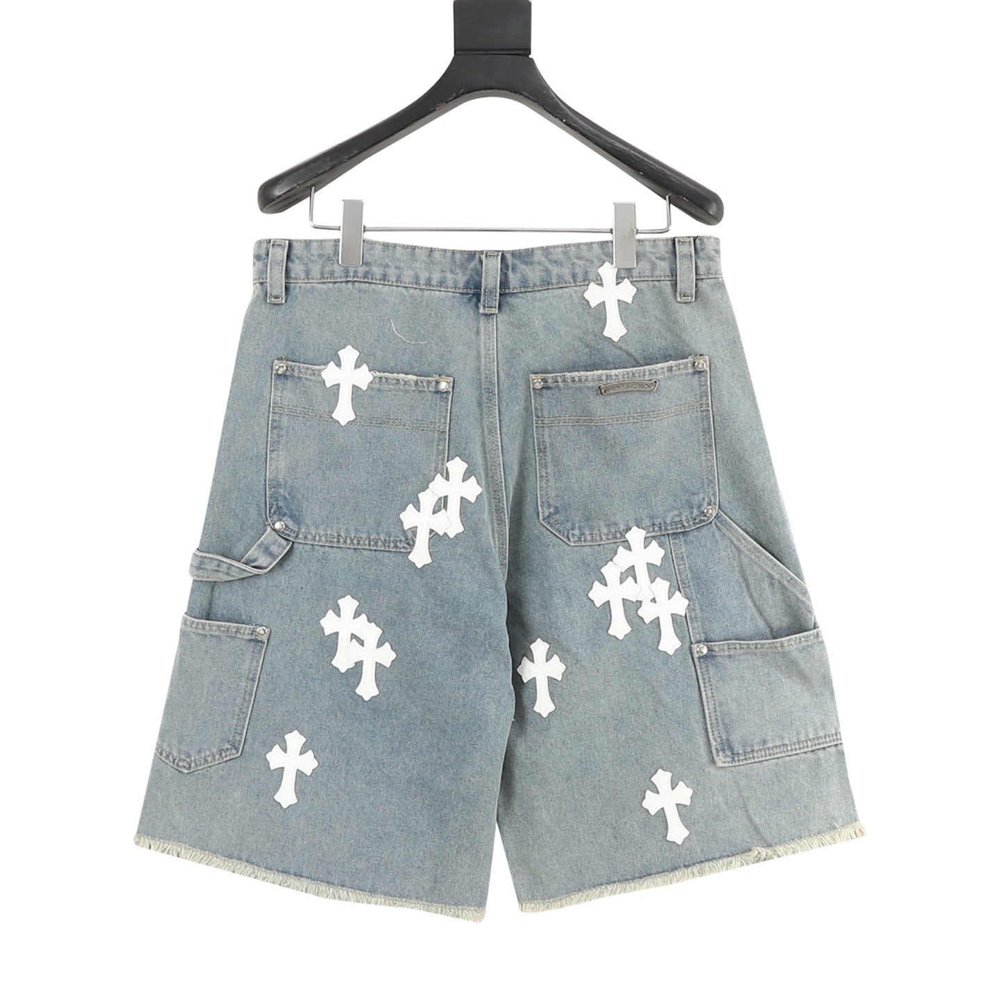 Chrome Hearts Pantalones cortos vaqueros con bordado de punto de cruz y adornos de cuero