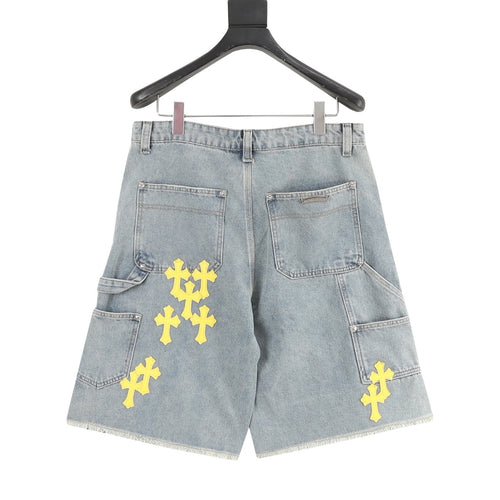 Chrome Hearts Leather-Trimmed Cross-Stitch Denim Shorts