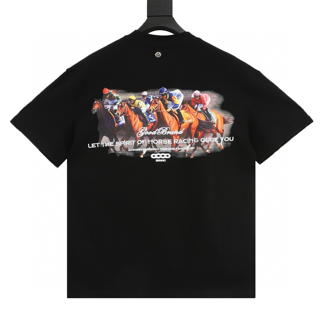 GOODBRAND Year of the Horse Flocked Embroidered Horse Racing Short-Sleeve T-Shirt