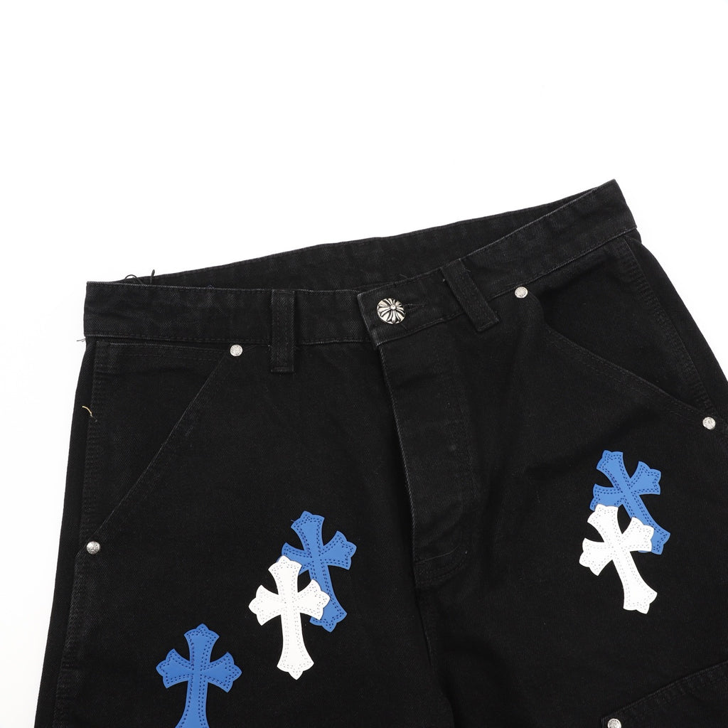 Chrome Hearts Leather-Trimmed Cross-Stitch Denim Shorts