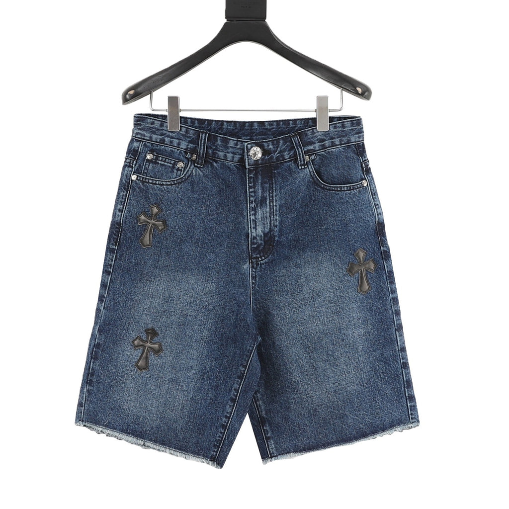 Chrome Hearts Leather-Trimmed Cross-Stitch Denim Shorts