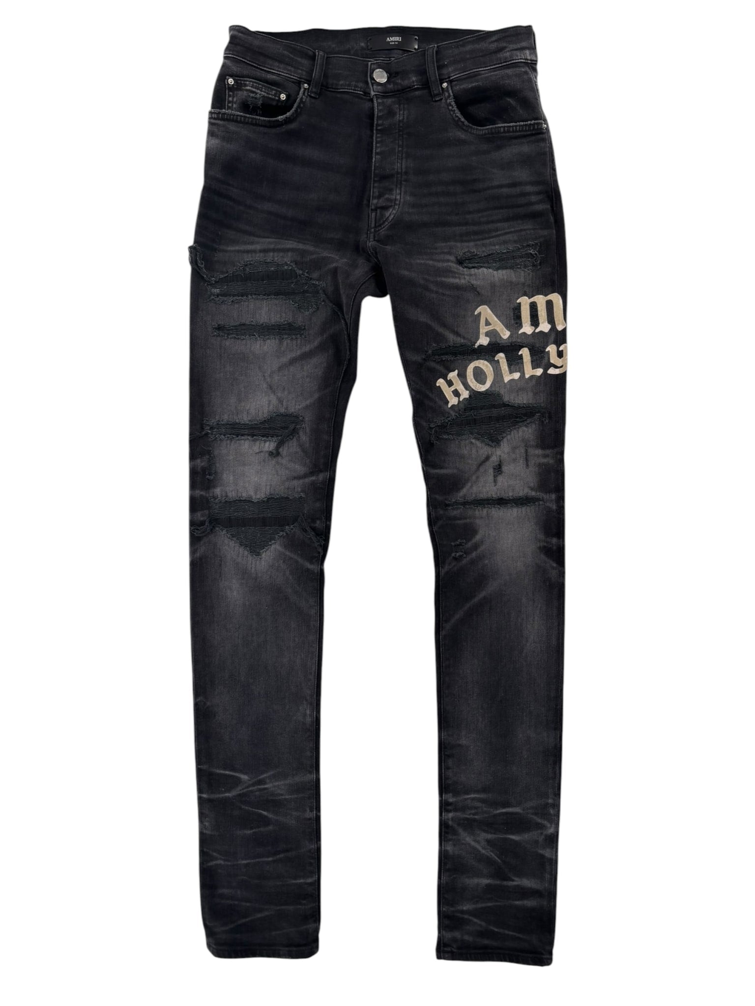 Amiri Hollywood Logo Patch Distressed Denim Black