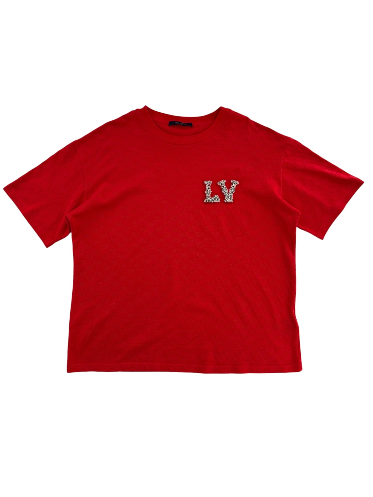 Louis Vuitton Cotton Pique T-Shirt with Embroidered LV Patch Bright Red
